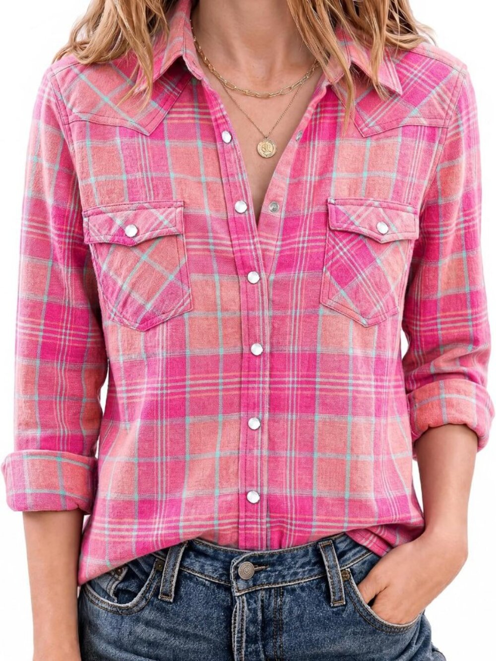 Women's Western Flannel Shirt - Long Sleeve Plaid Pearl Snap Top for Casual